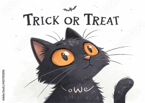 A black cat with orange eyes looking up at a bat with the words trick or treat above it all art