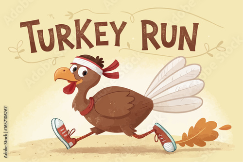 Cartoon illustration of a turkey wearing sneakers and a headband running with text turkey run
