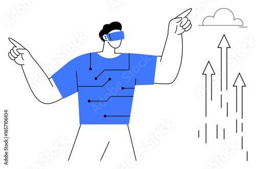 Man wearing virtual reality headset with circuit design shirt gestures toward upward arrows and cloud. Ideal for technology, innovation, progress, VR, digital growth, imagination, simplicity. Minimal