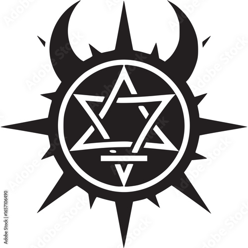 A complex occult symbol featuring a star of david with demonic horns, isolated on white background, creating a dark and mysterious design