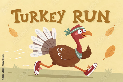 Cartoon turkey running with sneakers and headband for the turkey run event illustration art