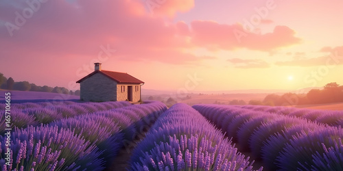 Sunset Glow Over Lavender Fields and a Quaint Countryside House