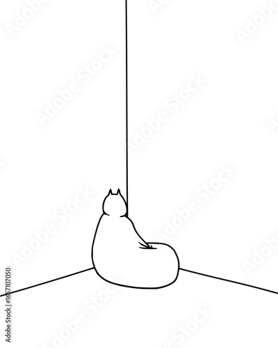 A minimalist line art illustration of a cat sitting on a beanbag chair in a corner, , creating a cozy and modern atmosphere vector art drawing