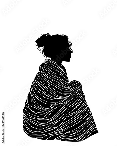 Silhouette of a woman wrapped in a blanket, a cozy and comforting scene in a minimalist style, perfect for relaxation vector art drawing