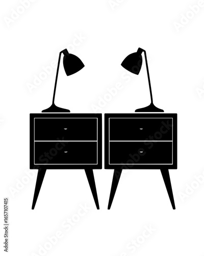 Two modern bedside tables with lamps, perfect for minimalist bedroom decor and interior design projects vector art drawing