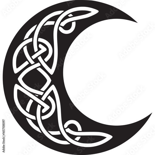 Celtic knot crescent moon isolated on white background, a symbol of ancient irish and celtic heritage with intricate knotwork design
