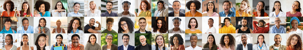 Fototapeta premium A vibrant collage showcasing a joyful collection of faces from various backgrounds. Each person expresses happiness, representing the beauty of diversity in everyday life.