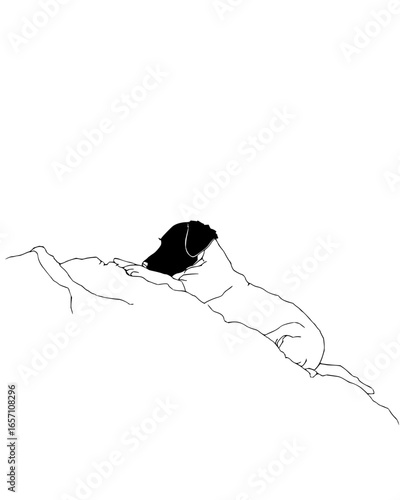 A black and white illustration of a dog sleeping on a bed, , capturing a peaceful and cozy moment of rest for the pet vector art drawing