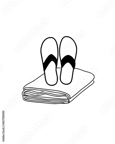 Black and white illustration of flip flops on a towel, perfect for summer vacation, spa, or hotel promotions with a clean design vector art drawing