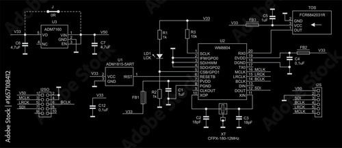 Schematic diagram of electronic device on paper sheet. Vector drawing electrical circuit with
resistor, capacitor, integrated circuit,
diode, microcontroller, led indicator, other components.