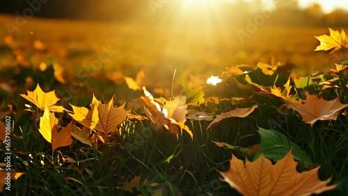 Time-lapse of falling leaves accumulating on the grass as golden sun