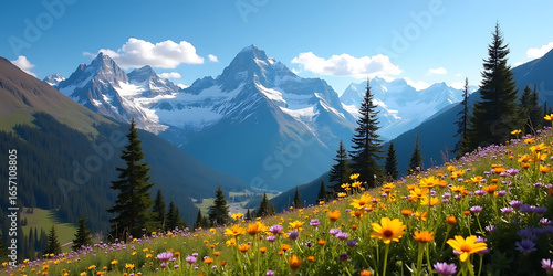 Snow-Capped Peaks with Green Forests and Colorful Wildflowers