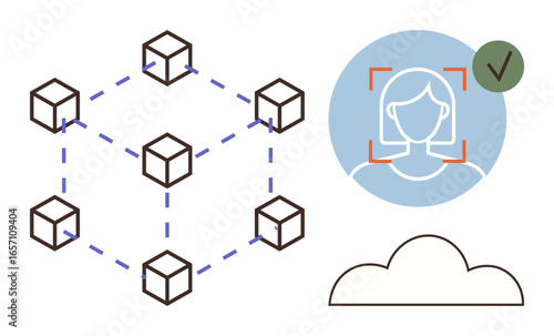 Networked blocks and connected cloud reflect data distribution. Validated face recognition represents security and access. Ideal for blockchain, AI, authentication, digital identity, cloud computing