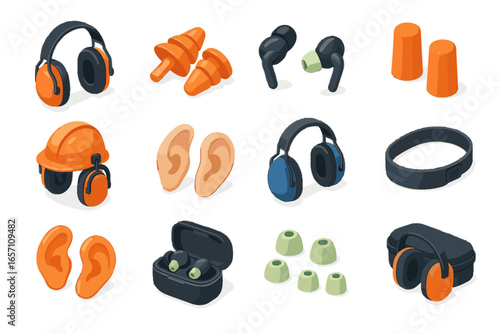 Reusable earmuffs adjustable protection kit tip case vector icons helmet hearing protectors