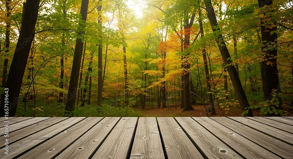 Wooden planks in a sunlit forest during autumn with colorful leaves on trees Wooden planks in a sunlit forest during autumn with colorful leaves on trees
