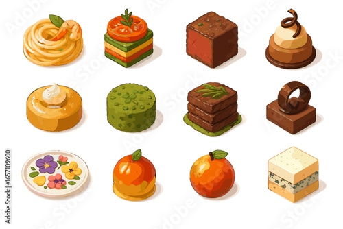 Vector meal edible steak icons mousse tower seafood globe layered gourmet fruit