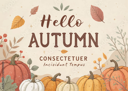 Hello autumn text with pumpkins leaves and berries in a fall themed seasonal decorative design background