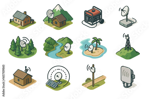 Generator dish coverage remote vector internet satellite icons icon post valley river
