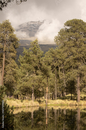 view of Iztaccihuatl volcano from Nahualac lagoon