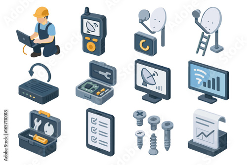 Checklist screen button technician modem vector icons ladder internet icon satellite to