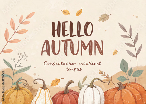 Illustration of hello autumn text with pumpkins leaves and branches in a warm color palette background