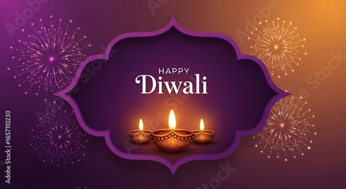 Happy diwali greeting with glowing lamps and fireworks, celebrating the festival of lights