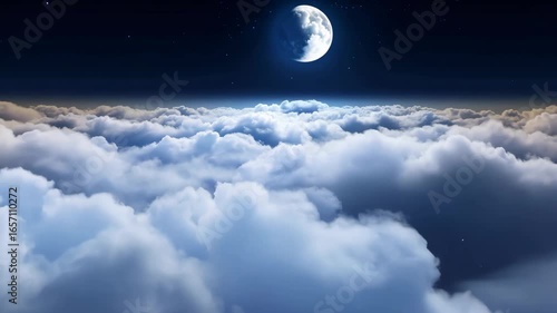 animation of flying through soft rolling night clouds, moonlight reflecting over cloud tops