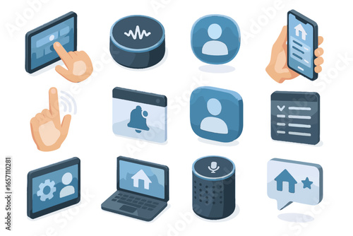 Interface vector app command speaker panel home isometric icon feedback personalized smart
