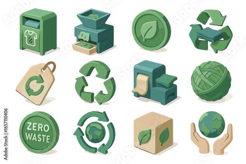 Repurposing recycling shredder ball circular icons vector smart icon wardrobe material sustainability