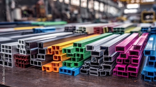Premium photo of colorful profiles on a work surface in a factory. Various colored metal or plastic extrusion profiles are arranged in rows on a table.