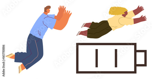 Two individuals reaching for a low battery icon, symbolizing energy depletion, burnout, or fatigue. Ideal for mental health, productivity, motivation, work-life balance, stress management energy