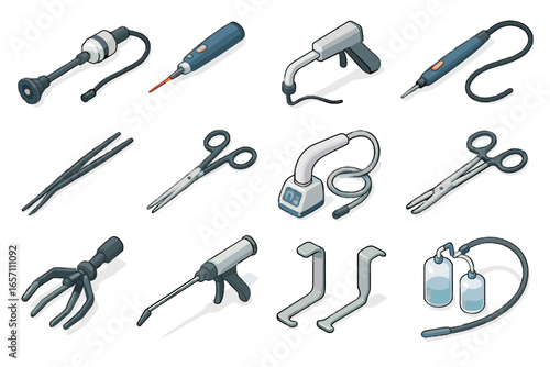 Vector electrocautery scissors scalpel remote retractors icon surgical forceps laser endoscope icons