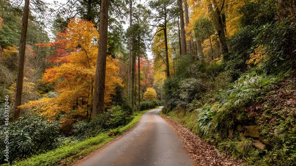 Obraz premium A winding paved road through a dense autumn forest