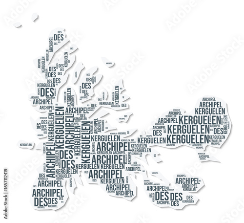 French Southern and Antarctic Lands shape text cloud. Country border with shadow on white background. French Southern and Antarctic Lands with regions division in vintage gazette style.