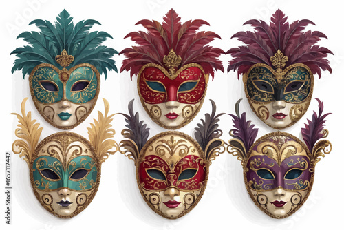Six ornate venetian masks with feathers in teal, red, and purple arranged on a white background