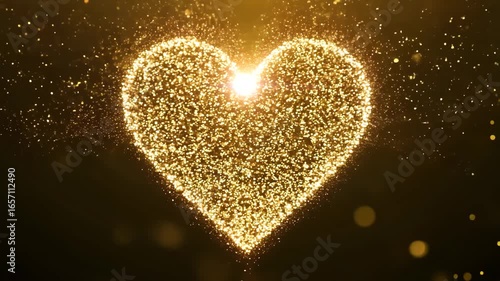 radiant heart shape formed from golden glitter particles floating in space