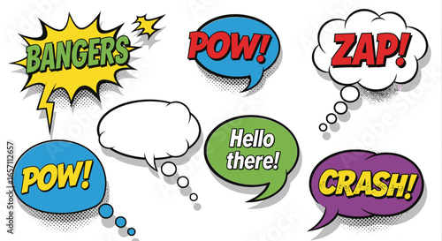 Dynamic collection of vibrant comic style speech bubbles featuring bold exclamations and empty spaces for imaginative narratives a versatile design asset for creatives