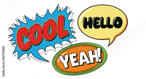 Vibrant comic style speech bubbles expressing simple greetings, evoking lightheartedness and playfulness through colorful designs and dynamic shapes perfect for creative designs and fun illustrations