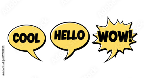 Dynamic communication bubbles presenting everyday expressions like 'Cool', 'Hello', and 'Wow!', bringing a playful and engaging element to any creative project or design application