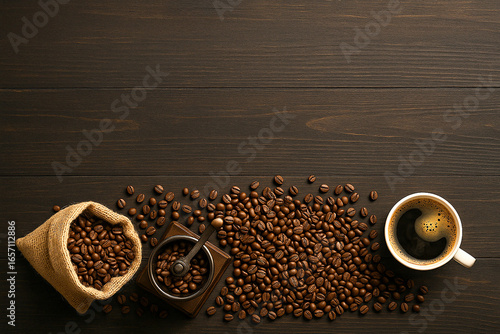 Freshly brewed coffee in white cup with grinder and coffee beans on wood background