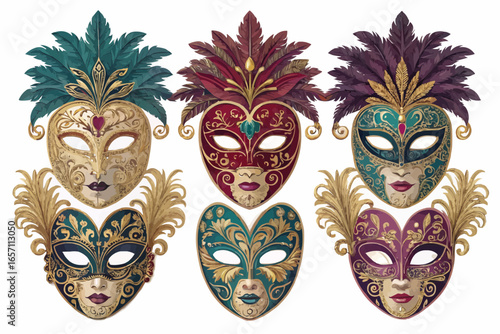 A collection of ornate venetian masks adorned with feathers and intricate designs in various colors and styles