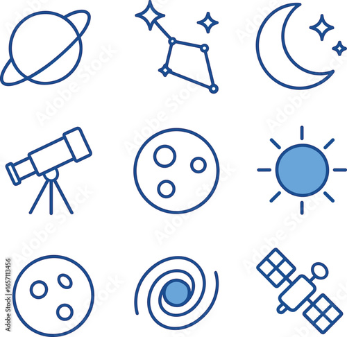 Space Icons: Planet, Moon, Stars, Telescope, Galaxy, Sun, Satellite