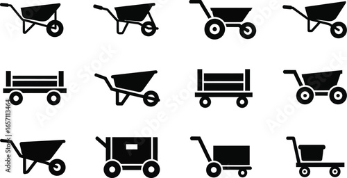Mobile wheeled transport and hauling tools. wheelbarrows, trolley utility carts, a robust tractor, and hand trucks icons editable vector illustration