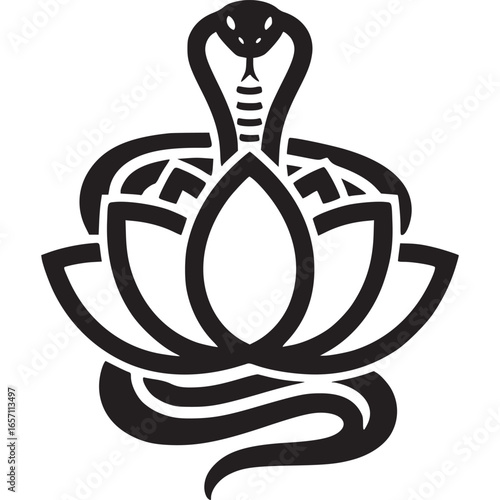 Snake and lotus flower symbol isolated on white background, a vector glyph illustration for tattoo or spiritual design, representing balance and growth