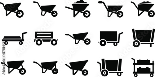 Mobile wheeled transport and hauling tools. wheelbarrows, trolley utility carts, a robust tractor, and hand trucks icons editable vector illustration