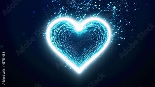 Neon blue heart made of swirling light particles
