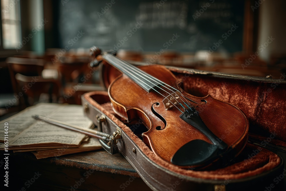 Fototapeta premium Close-up of a classic violin in case with sheet music on a classroom desk.