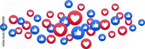 Social media reaction icons with heart, love, and thumbs up symbols, modern floating like and love emojis for interaction design,