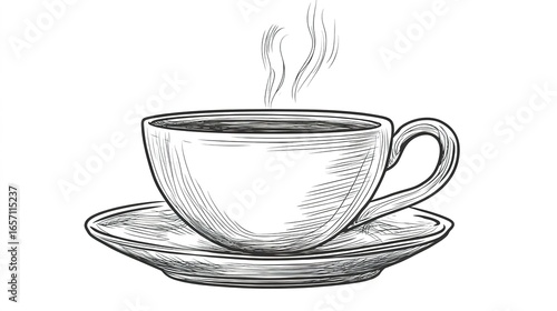 A steaming cup of coffee sits on a saucer, depicted in a sketchy, minimalist style, evoking warmth and comfort.