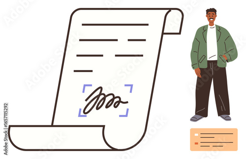 Large document with visible signature, individual standing confidently, small payment slip. Ideal for agreement, approval, signing, consent, contract, transaction authorization simple flat metaphor